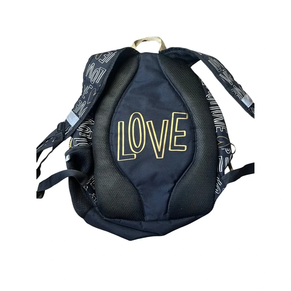 Kids Black Gold Love Heart Print Backpack School Bag Padded Straps Reflective
